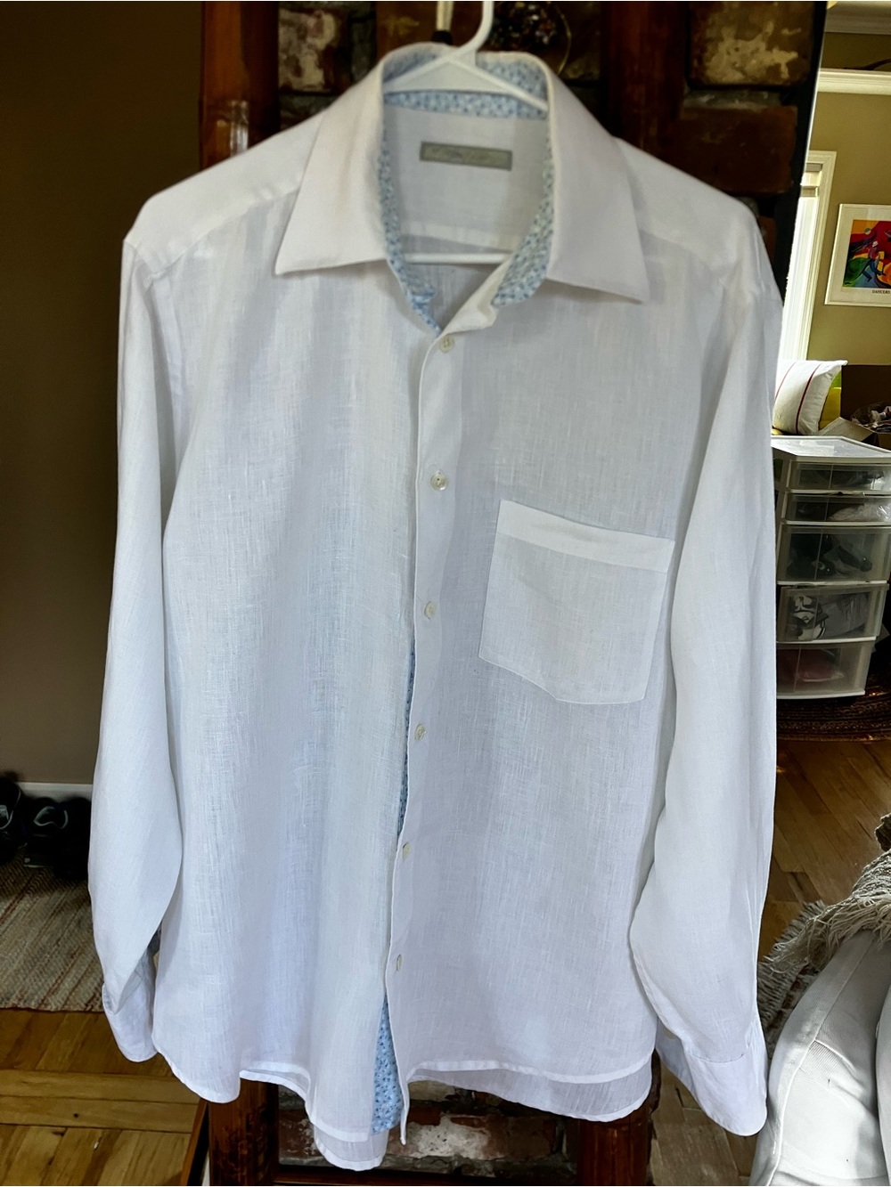 Martin Gordon Mens Linen White Floral Contrast Shirt L